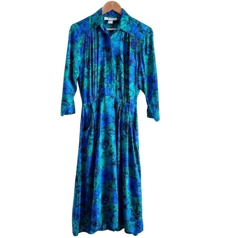 Vintage 80s Midi Shirt Dress w/ Pockets Blue Green Floral Print, Size 4